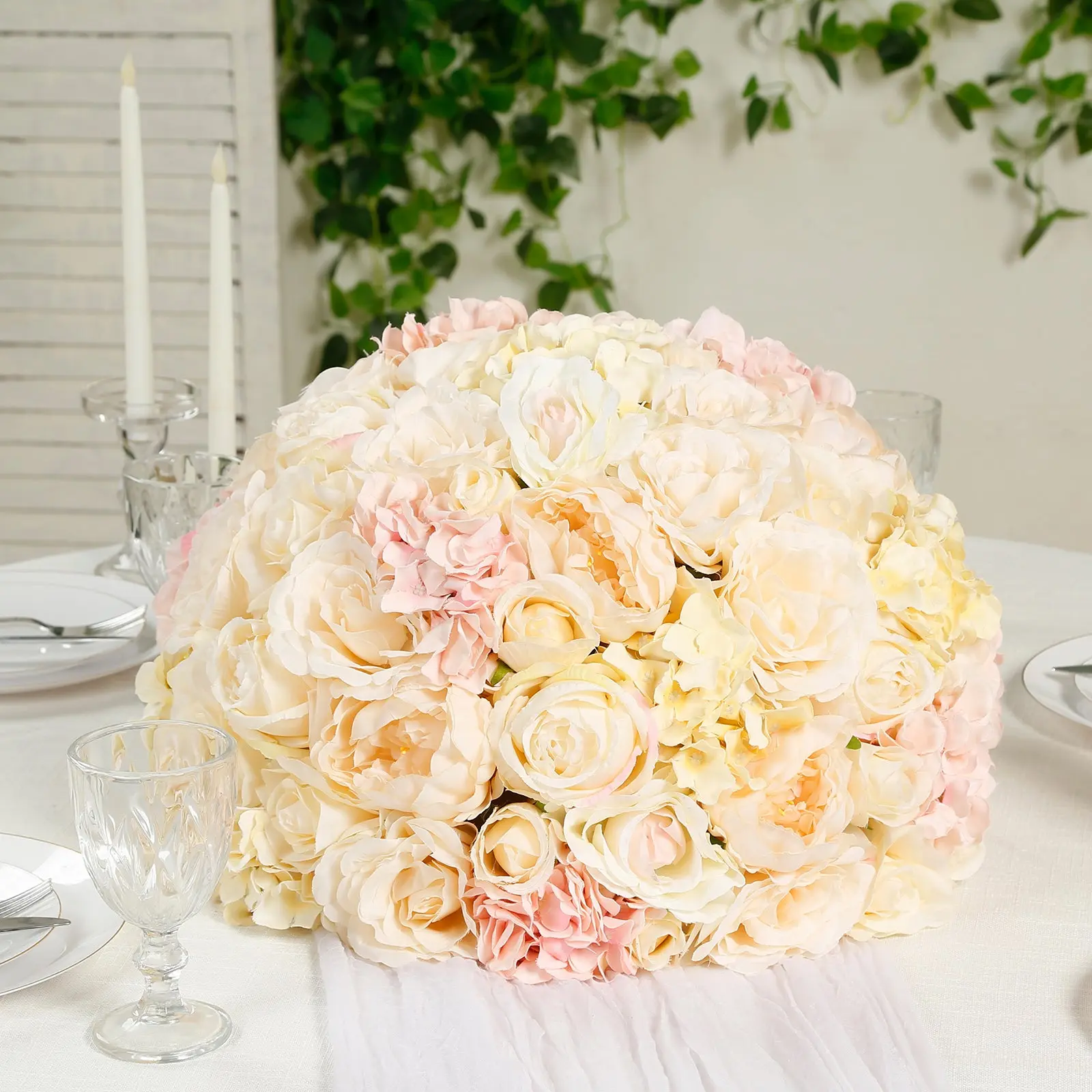 20" Pre-Arranged Cream Silk Rose Wedding Centerpiece - Artificial Flower Ball Arrangement for Home, Birthday Party, Baby Shower Decoration, Birthday-Themed Centrepieces