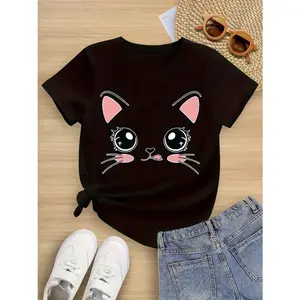 Girls T-shirt  Adorable Kawaii Cat Face Graphic Cotton T-Shirt for Youngsters - Soft & Comfy Short Sleeve Crew Neck Tee, Perfect for Casual Attire, Cute Cat Lovers' Essential