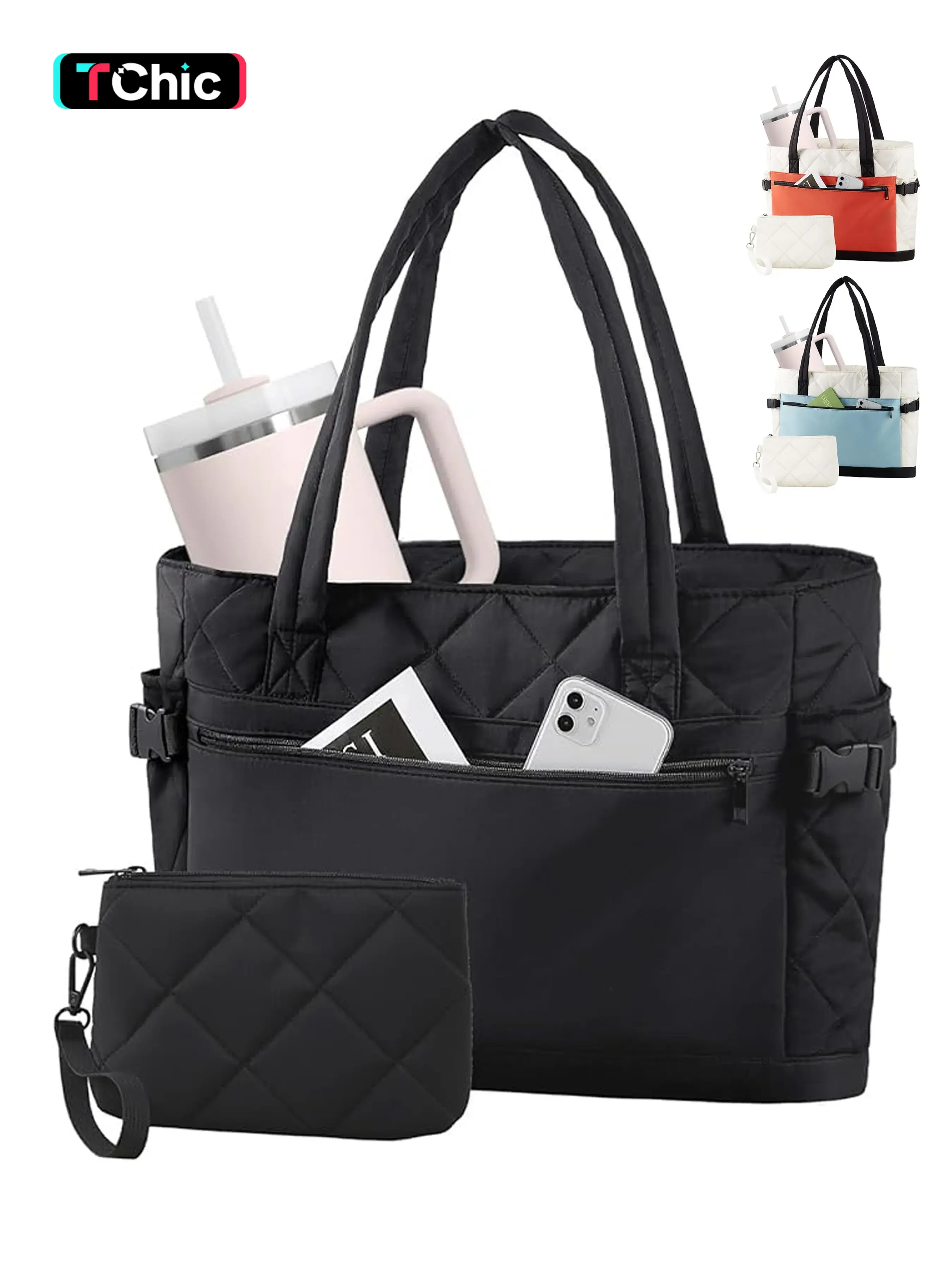 Puffer Tote Bag for Women, Multifunctional Bag, Lightweight Work Handbag, Commuting Bag, Daily Commuting Bags, Commuter Tote Bag, Quilted Shoulder Bag for School Travel Gym, Cloud Bag w/ Zipper, 15.6" Computer Bag, Ideal Gift for Women
