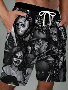 Plus Size Men'S Vintage Monster Print Shorts - Stylish Black & White Graphic Design, Drawstring Waist, Pockets, All-Season Comfort, Casual Summer Wear, Casual Summer Wear|Monochrome Graphic Shorts|Functional Shorts