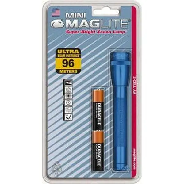 Maglite Mini Krypton Bulb Flashlight - 14 Lumens Luminous Output, Blue Aluminum Body, Portable, 2 AA Alkaline Batteries Included, for Adults (M2A116)