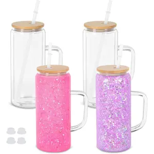 20 Oz Glass Cup with Handle, 4 Pack Pre-Drilled Double Wall Coffee Mug for DIY Glitter Snow Globe, Double Wall Tumbler with  Lid