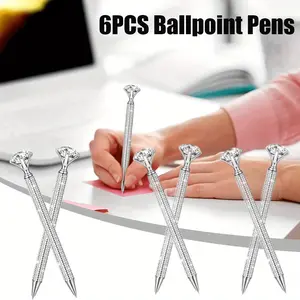 6pcs Diamond Round Ballpoint Pen Kit - Large Crystal Golden Glitter Metal, Crystal Decorative Women's Gift, Customizable with Erasable Gel & Watch (Sports & Outdoor Accessories Compatible),summerwins
