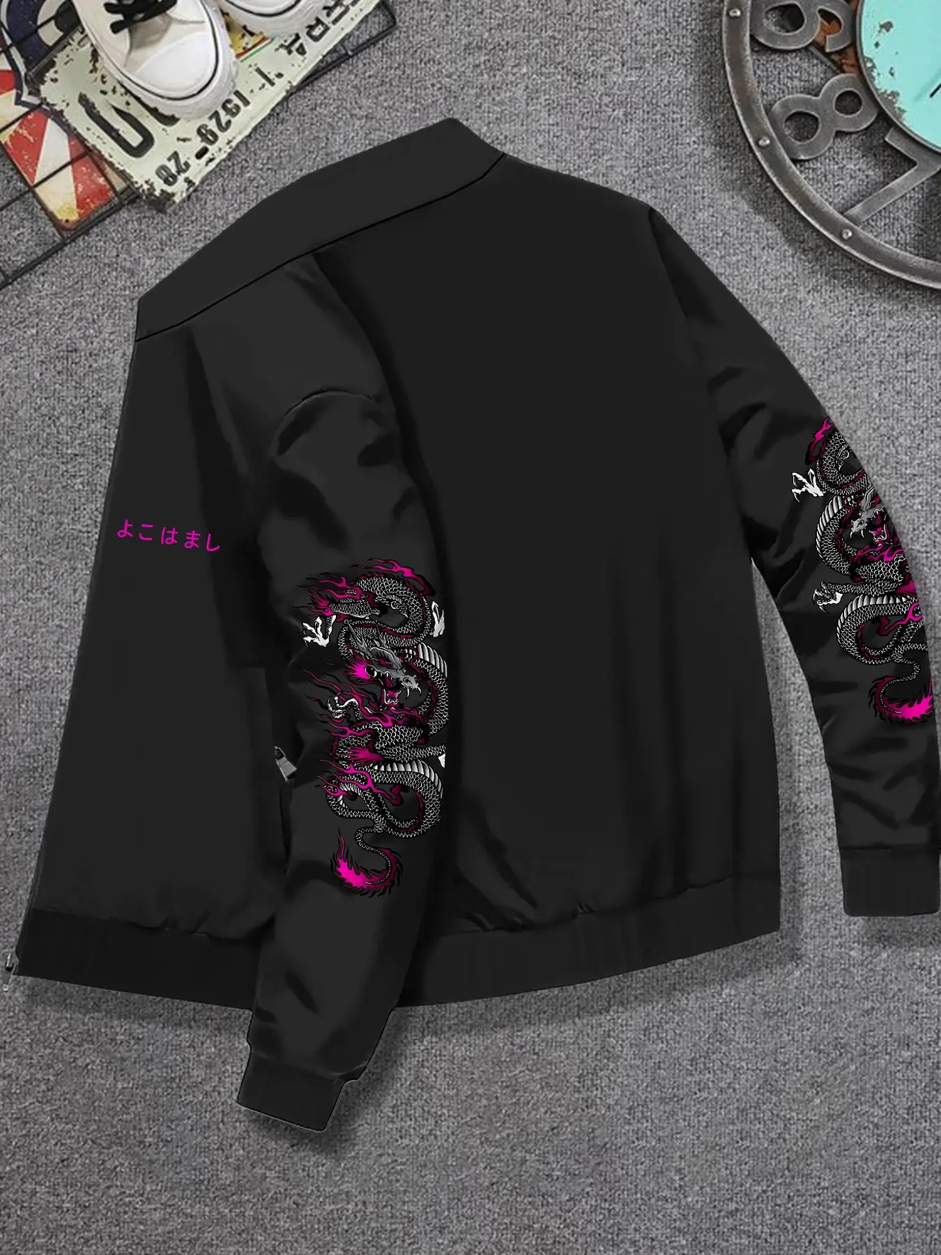 Men's Stand Collar Jacket Without Lining, Trendy Dragon Print Design, Loose Casual Long Sleeve Fall Winter Coat, Fashionable Daily Wear, Collared Jacket, Street Fashion Outerwear, Casual Coats