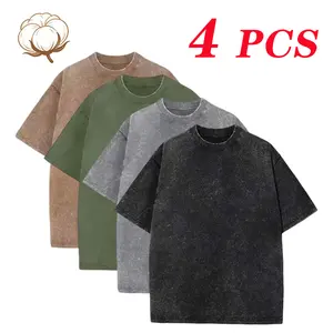 Men's 4-Pack Short-Sleeve Plain T-Shirt Set, Unisex Round Neck Heavyweight Cotton Acid Wash Clothes, Loose Fit for Work & Gym, Streetwear Essential