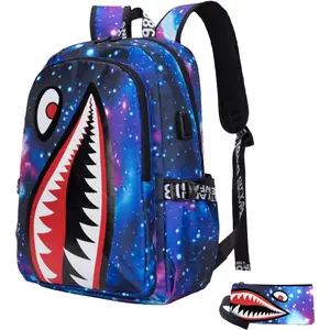 Backpack Shark Bookbags Boys Schoolbag Laptop Backpack With USB Lightweight Water Resistant Lingting purple