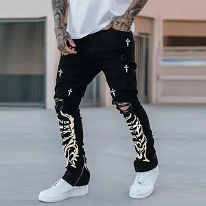 Men's Regular Fit Cross & Skull Print Ripped Jeans, Casual Comfy Denim Pants for Daily Wear, Fashion Men's Bottoms for All Seasons