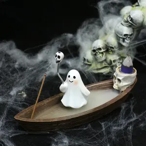 Resin Ghost Boat Incense Burner, Cute Ghost Sitting on Boat Decorative Piece, Home Bathroom Bedroom Hotel Coffee Shop Decoration