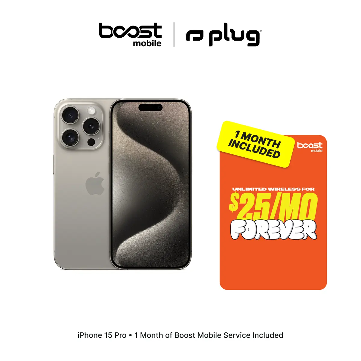 Refurbished Apple iPhone 15 Pro (Unlocked) + 1 Month of Unlimited Boost Mobile Service Included - Good Condition with 1-Year Warranty by Plug