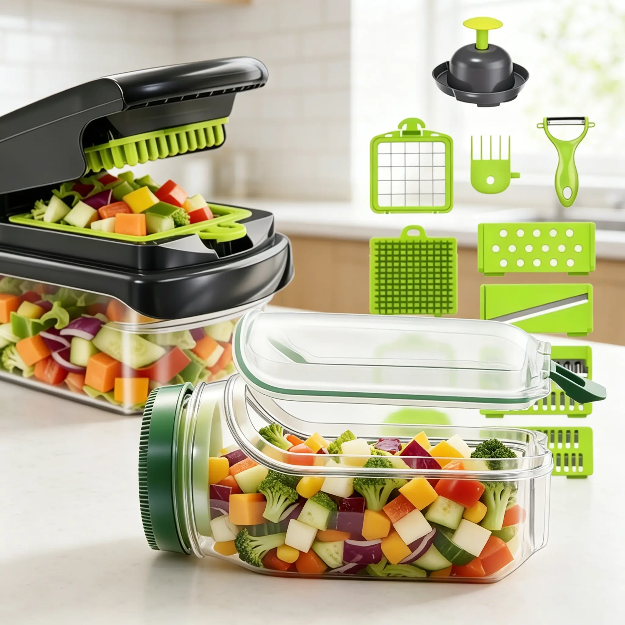 Multi-Blade Kitchen Veggie Chopper - No-Mess Food Dicer with Salad Container, Chop & Go Meal Prep Salad Maker, Onion Cutter