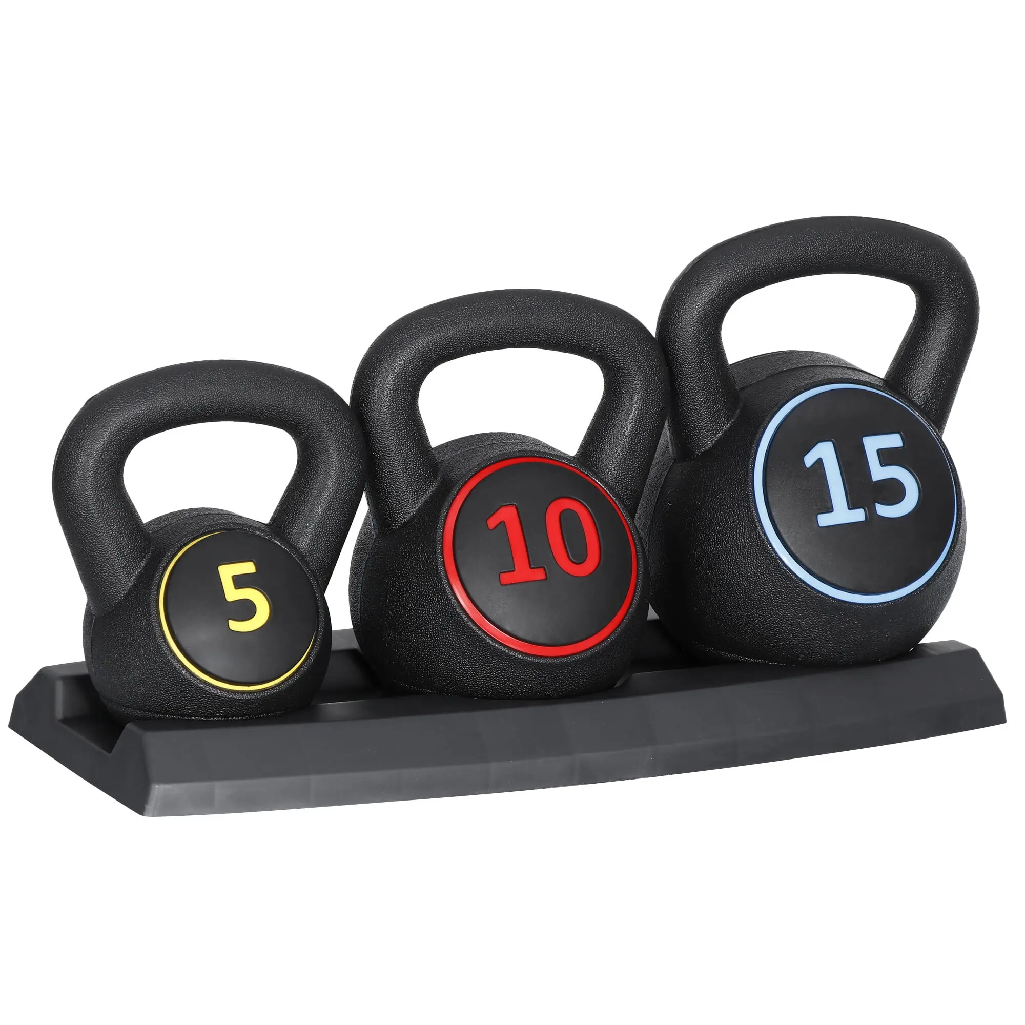 Zeny 3-Piece HDPE Kettlebell Set (5, 10, 15 lb), Strength Training Equipment for Home Gym with Floorsafe Layer and Storage Rack, Kettlebell Sets, Resistance Training, Quiet Floor Impact