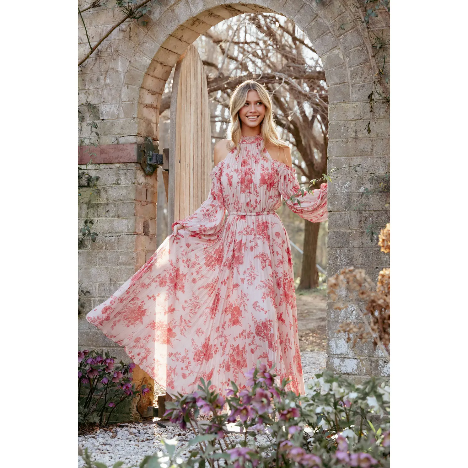 Hilary Pleated Maxi Dress - Red Floral