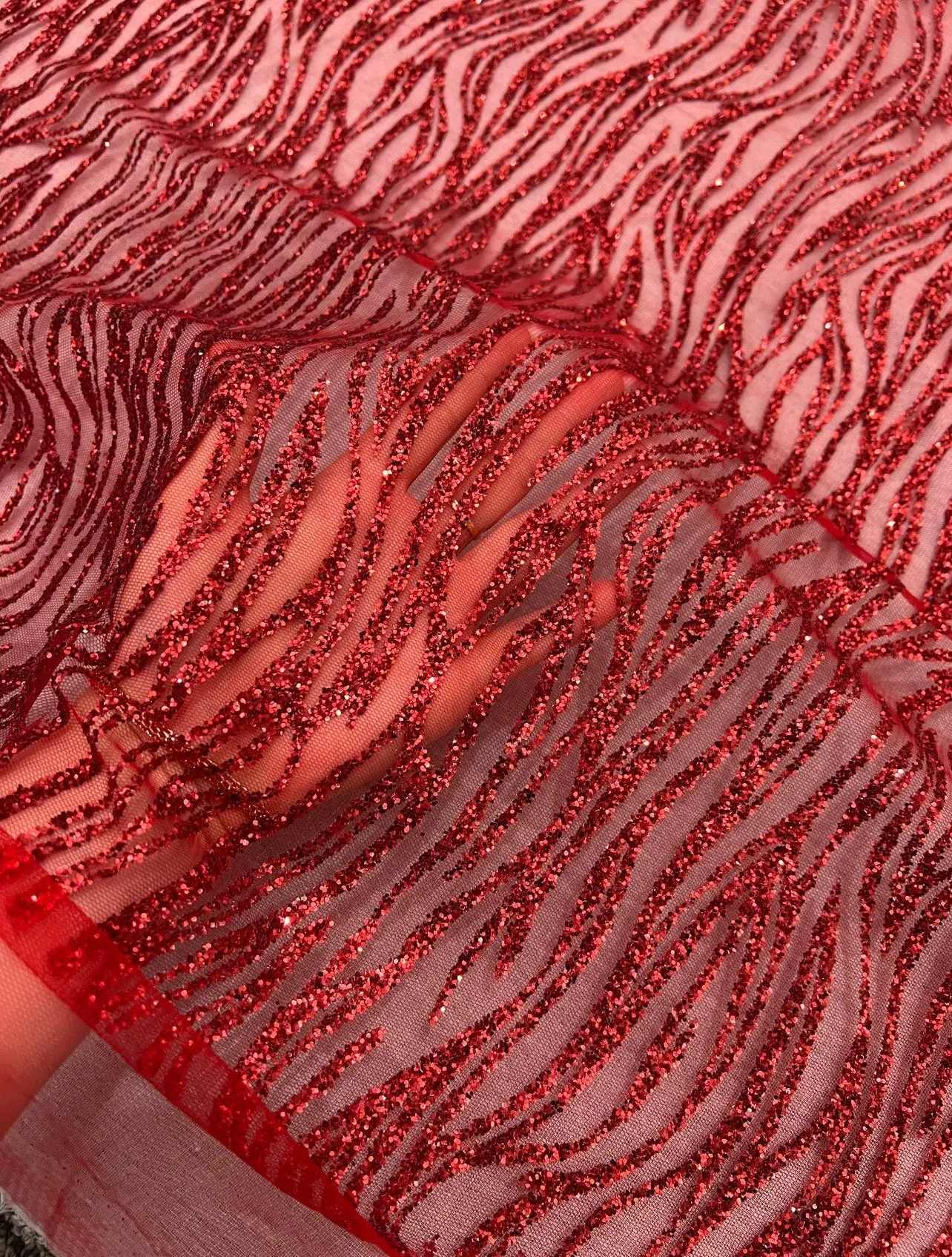 Red Glitter Lace Fabric on Mesh