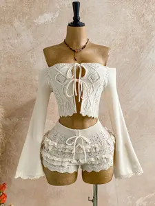Women's Fashion Sexy off Shoulder Tie Fitted Adjustable Fit Sweater Set, Spring Summer Top and Short Skirt Set, Casual Vacation for Dates and Evening Events