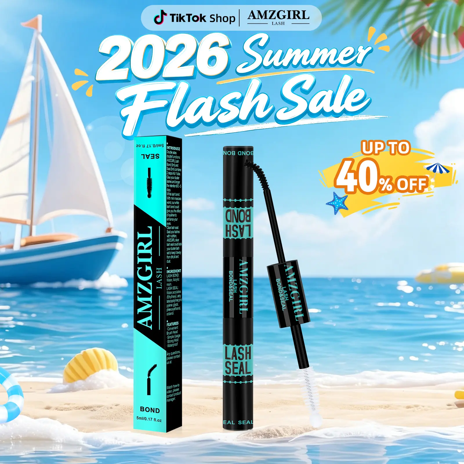 AMZGIRL LASH Bond & Seal 10ML Waterproof Cluster Lash Glue with Mascara Brush for Eyelash Extensions Strong Gentle Lash Cluster Glue