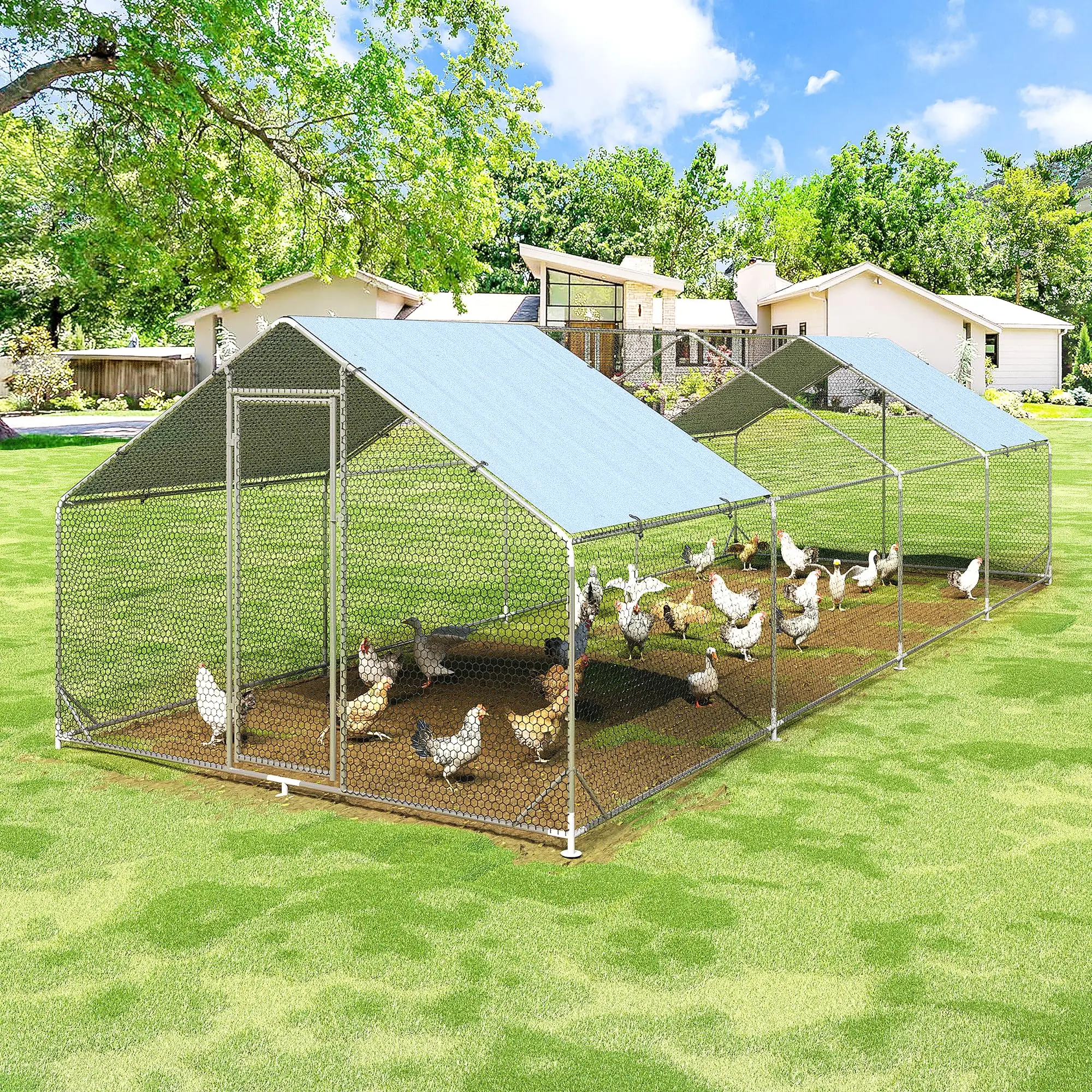 Polar Aurora Large Metal Chicken Coop Walk-in Poultry Cage Chicken Run House Habitat Spire Shaped Cage with Waterproof and Anti-Ultraviolet Cover for Outdoor Backyard Farm Use