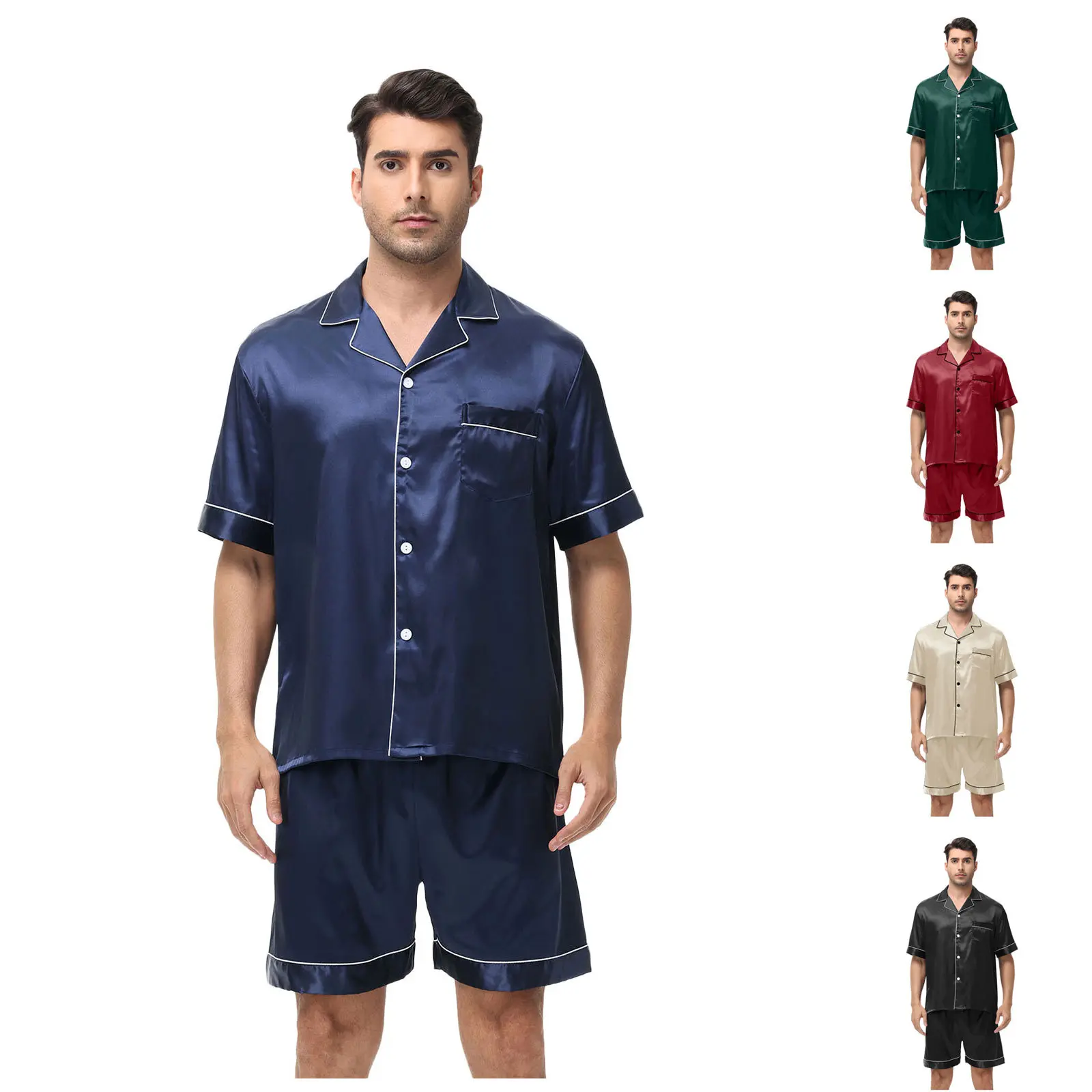 Pajamas for Men Short Sleeve Sleepwear Soft Button Down Loungewear 2 Piece Satin Pjs Shorts Set Elastic Fits Stretchy Summer