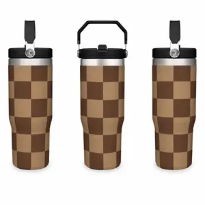 30oz Stylish Portable Foldable Handle Insulated Travel Tumbler - Neutral Brown Checkerboard Plaid Print 304 Stainless Steel Leak-Proof Flip Straw Water Bottle, 24H Cold 12H Hot BPA-Free Car-Friendly Retro Aesthetic Mug for Adults