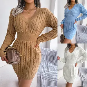 Long Sleeve V-Neck Bodycon Mini Sweater Dress | Knit Pullover