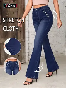 GILIPUR 2026 Y2K Women's High Waist Slim-Fit Flared Jeans — Medium-Stretch Denim, Vintage Wash Finish, Flared Trousers with Slanted Pockets and Single-Row Button Accents — A Stylish Fashion Essential for Women | T-Chic