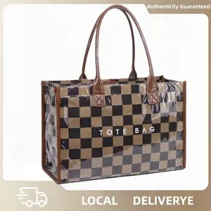 Women's retro plaid tote bag, letter-printed large-capacity commuter bag, transparent waterproof sturdy handle tote bag, which can hold daily necessities such as notebooks, water glasses, brown and black plaid are suitable for work and study parties and g