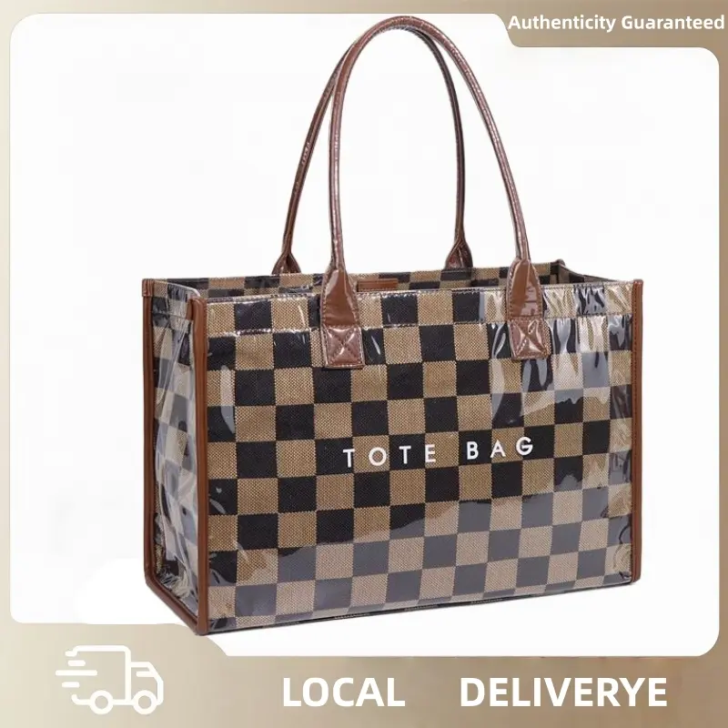 Women's retro plaid tote bag, letter-printed large-capacity commuter bag, transparent waterproof sturdy handle tote bag, which can hold daily necessities such as notebooks, water glasses, brown and black plaid are suitable for work and study parties and g