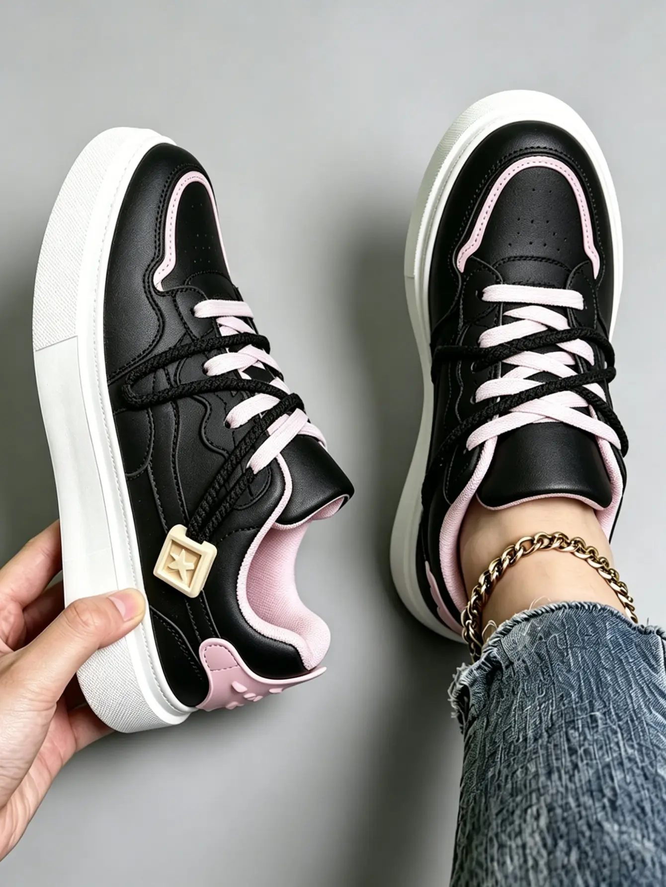 Women’s Black Pink Dual Laces Square Star Buckle Platform Skate Sneakers, Sweet Cool Y2K Color Block Leather Casual Walking Shoes