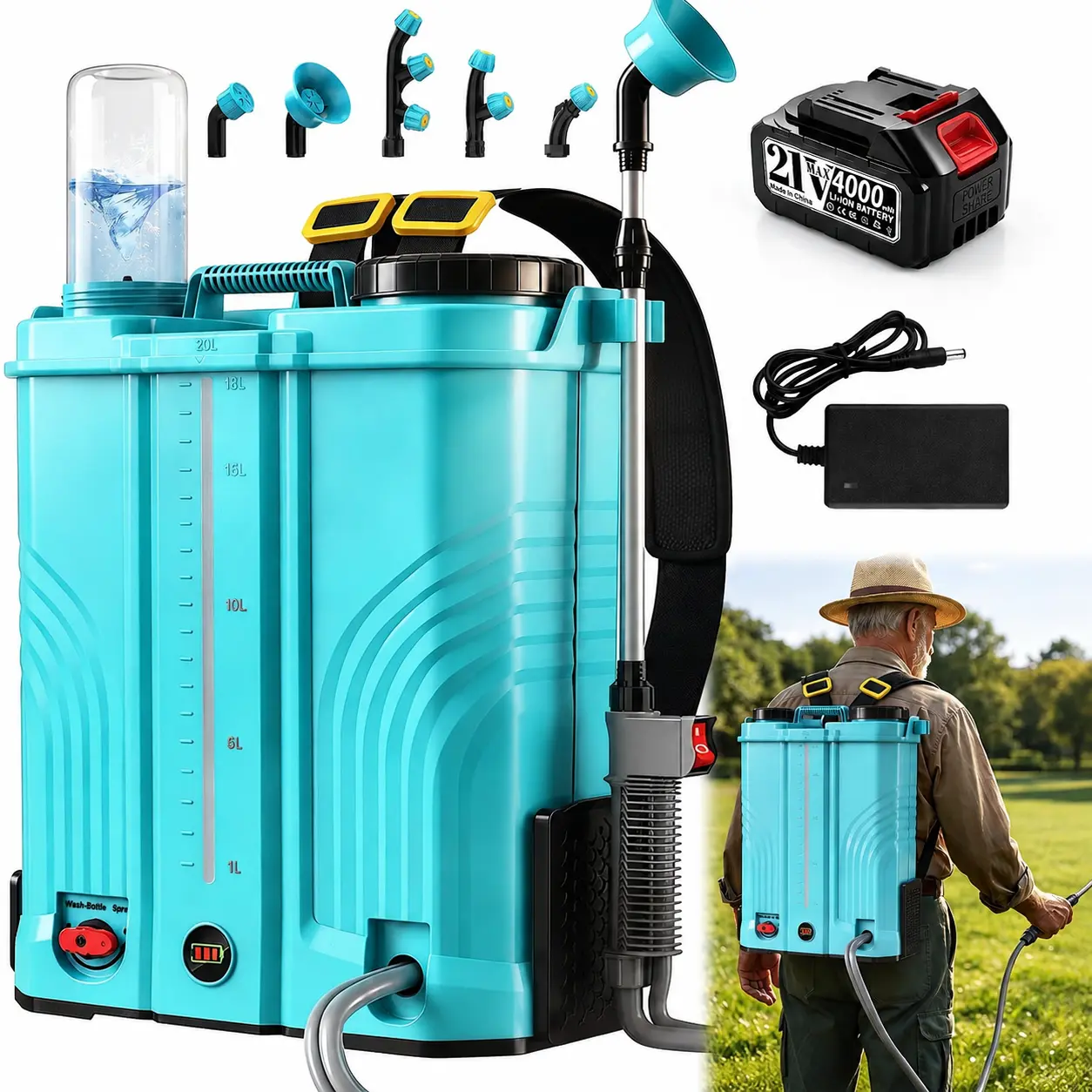 5-Gallon Electric Backpack Sprayer, 100 PSI Battery-Powered Garden Sprayer with 4.0Ah Battery, 6 Nozzles & Adjustable Pressure