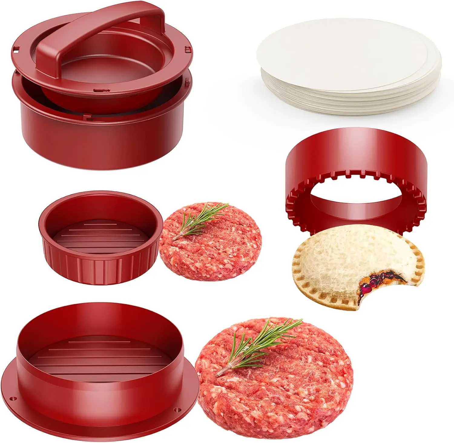 Hamburger Press, 4-in-1 Burger Press Patty Maker Slider, Stuffed Burgers Sandwich Cutter, Meat Beef Veggie Hamburger Patty Mold with 100 pcs Wax Disc Papers