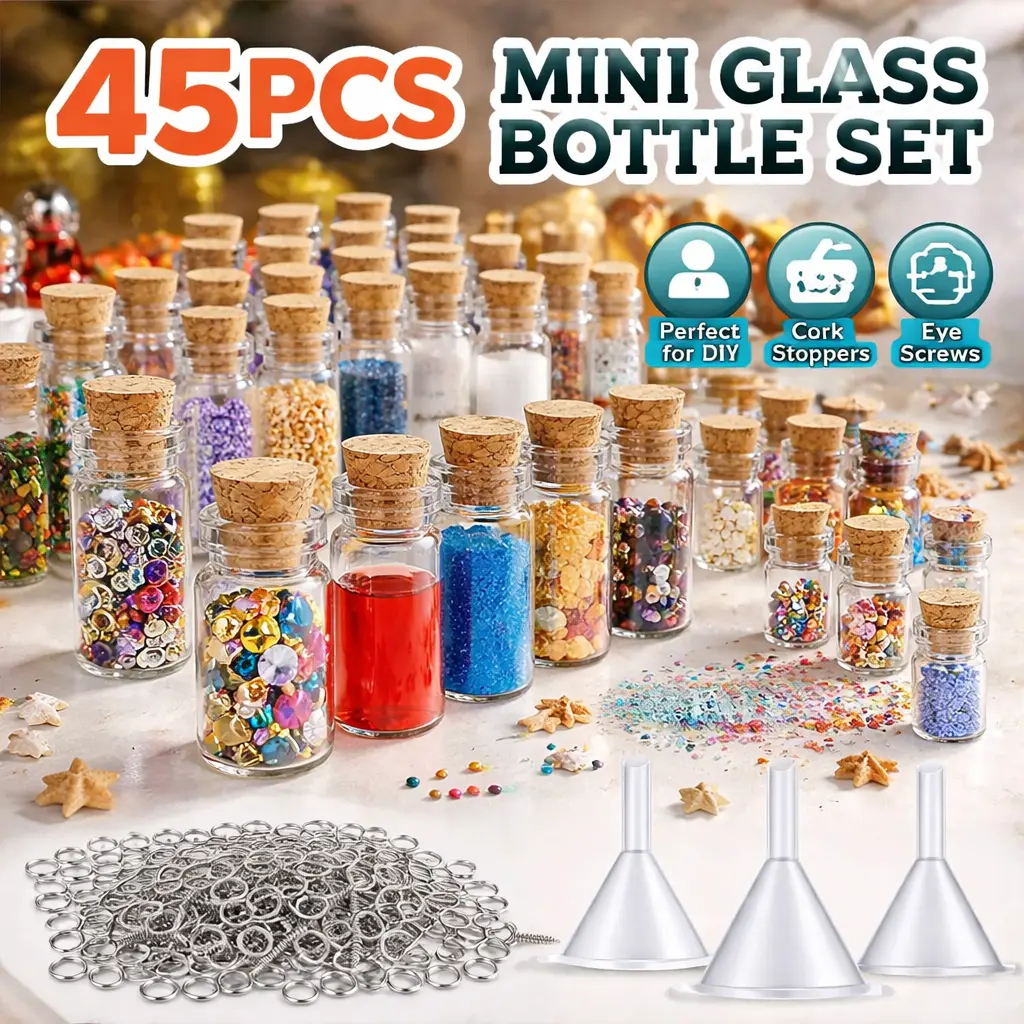 45-Pack Mini Glass Jars with Cork Lids for Spells, 5 Sizes (0.5ml–10ml) – Tiny Empty Bottles with 3 Funnels & 50 Screws for Witchcraft, Herb Storage, DIY Craft & Sample Containers