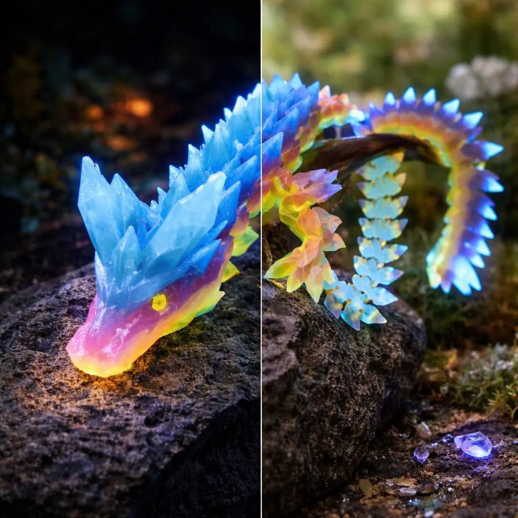 Articulated Crystal Dragon Fidget Figurine - 3D Printed Glow-in-the-Dark Collectible for Fidgeting, Posing - Gifts, Decor, Interior Decoration Accessories, Home Decor Sculptures (Rainbow, Glow Green, Blue, Purple, Red, Yellow, Turquoise, Gold, Orange), Fi