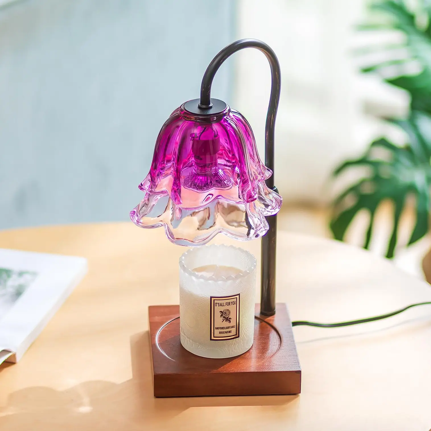Gradient Purple Flower Wood Candle Stand - Dimmable Candle Warming Lamp with Timer, Vintage Height-Adjustable, 2 Bulbs, Gothic Home Decoration Gift for Women, Mother's Day Gift