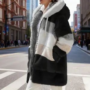 Plush Color Blocked Hooded Zipper Coat for Autumn and Winter Warm Loose Fit Fashionable Casual Jacket with Stylish Design