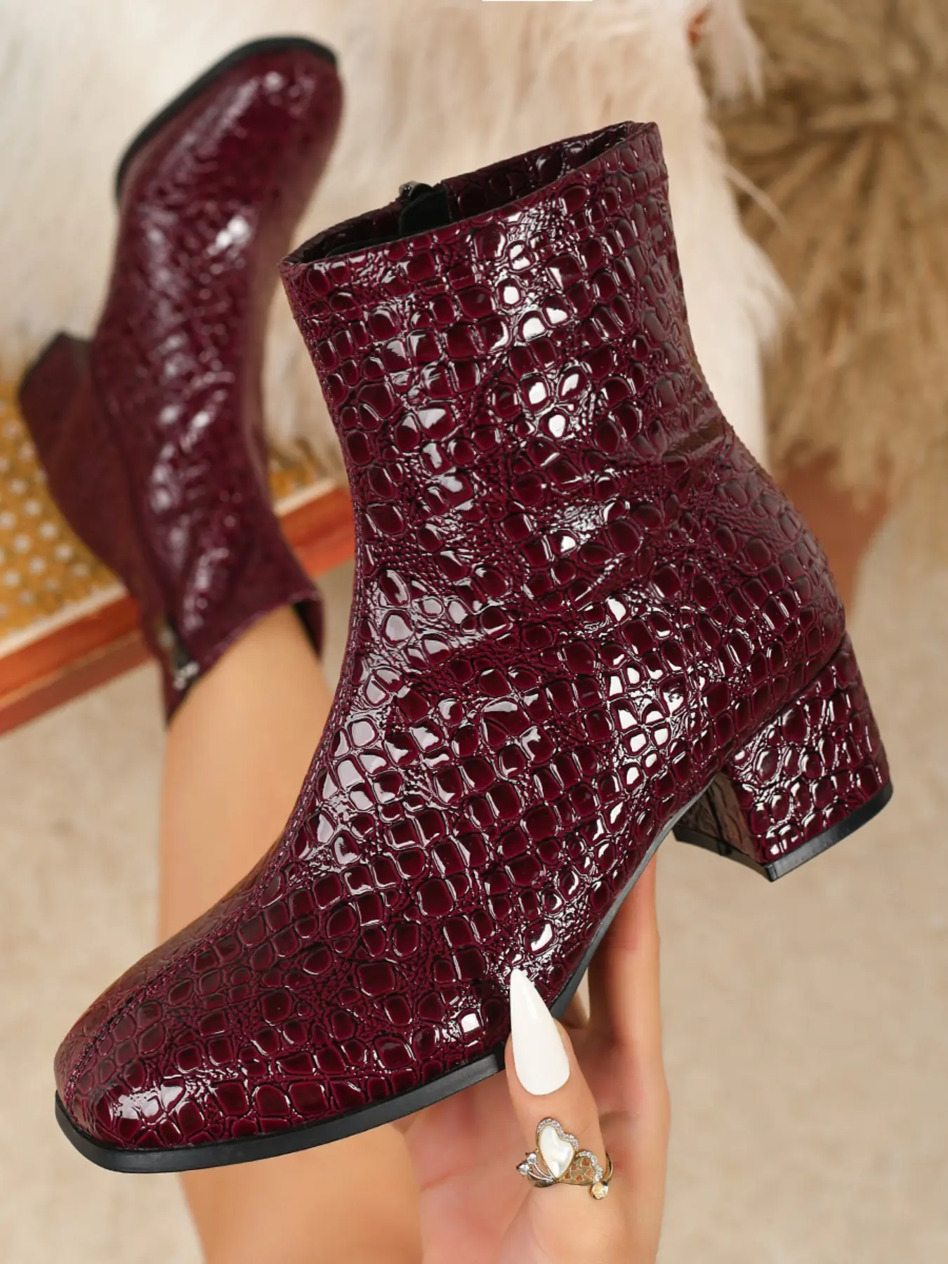 Burgundy Crocodile Pattern Pointed Toe Mid Heel Ankle Boots, Comfortable Chunky Heels with Side Zipper, Stylish Retro Women's Footwear, Square Toe Boots
