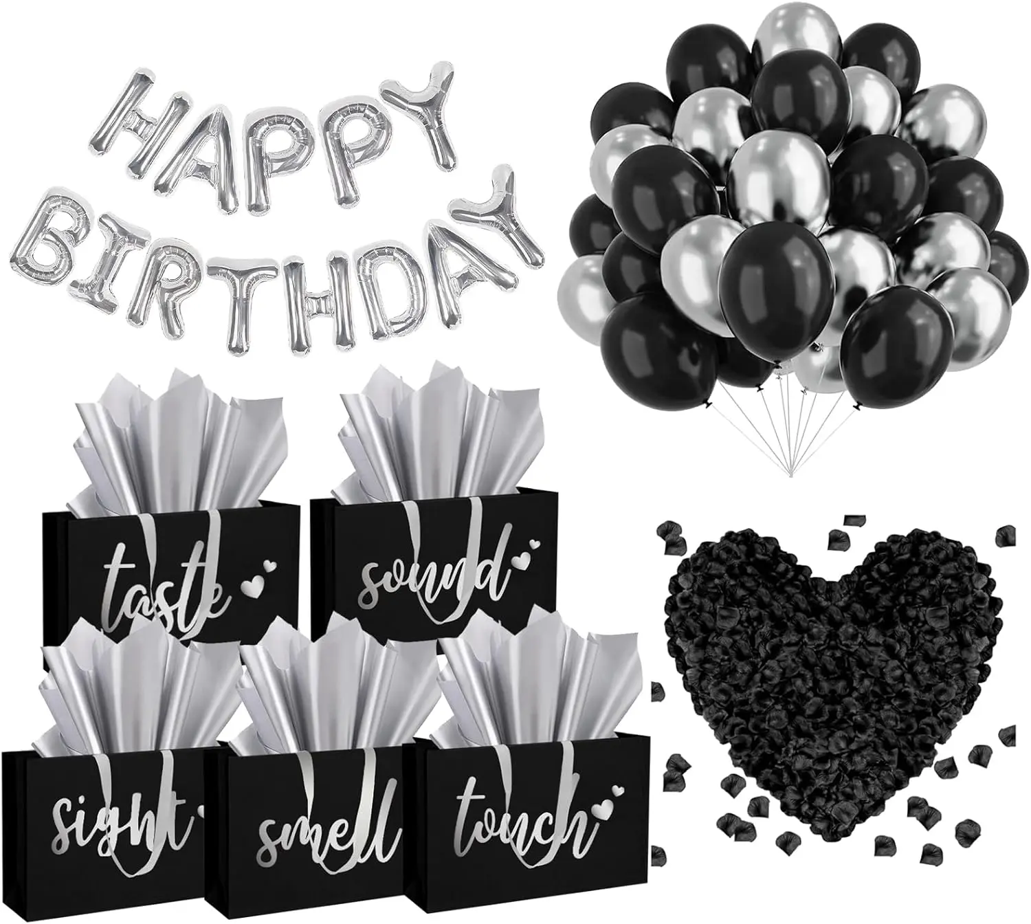 5 Senses Lightweight Gift Bags Set with Tissue Paper, Rose Petals, Happy Birthday Banner, Balloons & Silk - Festive Party Decorations, Gifts for Boyfriend (Black Silver), Birthday Gift Ideas, Gifts For Boyfriends