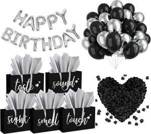 5 Senses Lightweight Gift Bags Set with Tissue Paper, Rose Petals, Happy Birthday Banner, Balloons & Silk - Festive Party Decorations, Gifts for Boyfriend (Black Silver), Birthday Gift Ideas, Gifts For Boyfriends