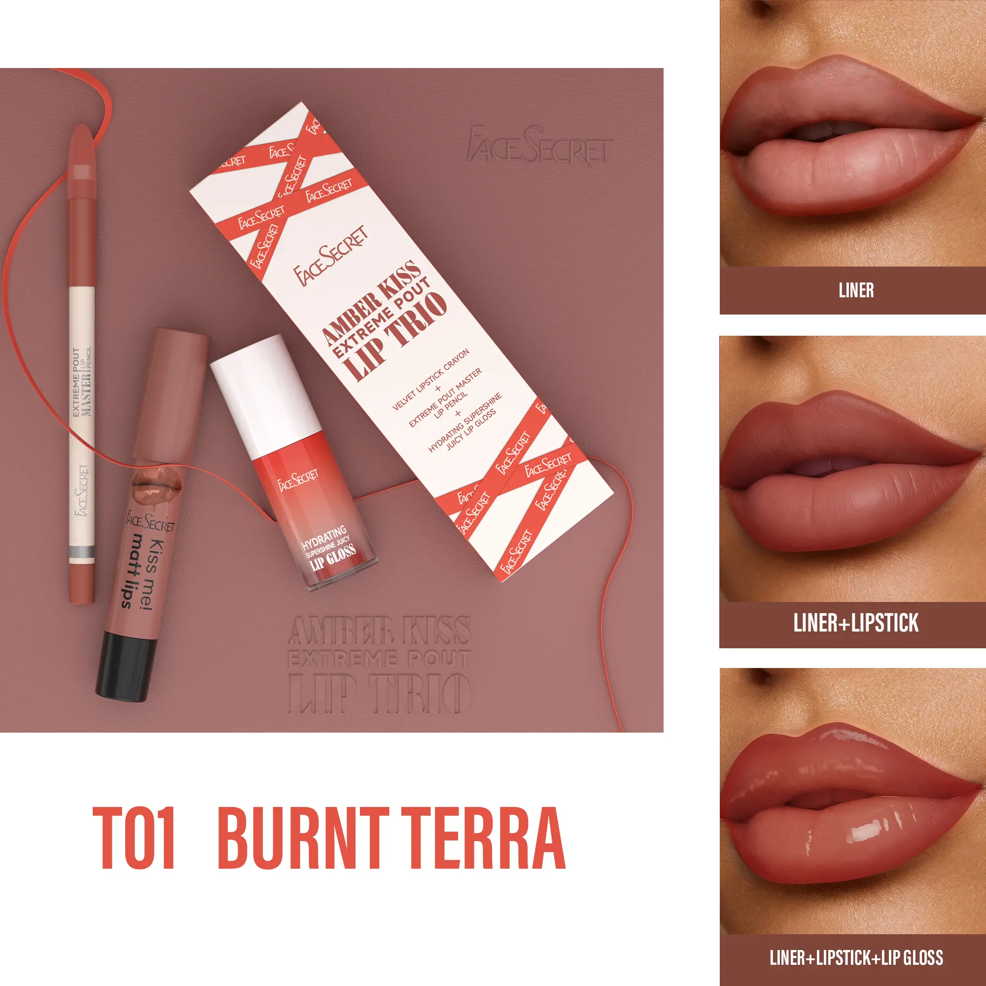 3-Piece Matte to Glossy Lip Set | 3-in-1 Lip Liner + Lipstick Crayon + Lip Plumping Gloss Set | Versatile Nude Reddish Brown Tones | Waterproof and Non-Sticky Lip Plumping Gloss Set