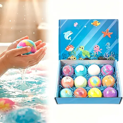 12 Pcs Kids Bath Bomb Gift Set with Surprise Toys - 50g, Non-Toxic Plant-Based Formula, Essential Oils, Moisturizing Scented Gentle Body Care, Skin Repair, Sudsy Aromatherapy Bath Soaps for Sensitive Skin Boys & Girls, Easter Egg Hunts