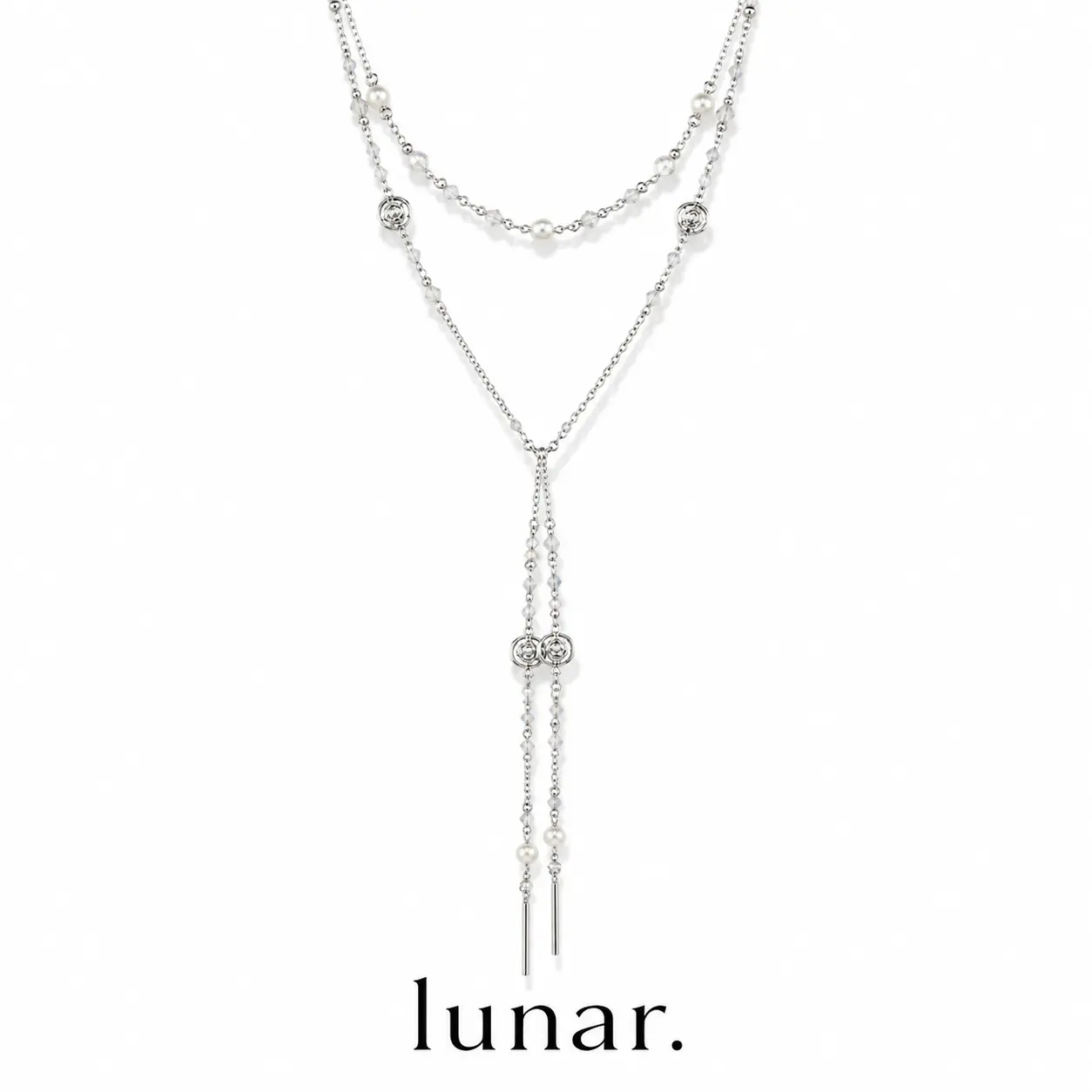 Lunar Coco Style Double Layer Long Chain, Vintage Rose Floral Faux Pearl & Crystal Y Tassel Necklace 55 Inches Multi-Wear Layering Jewelry Gift For Her