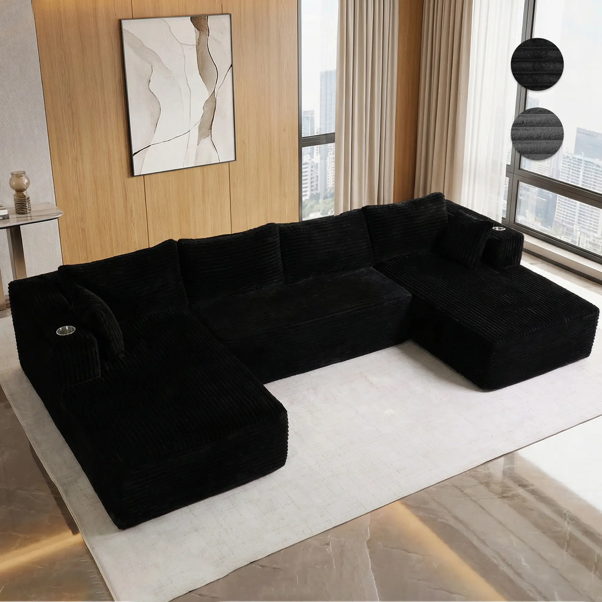 137“ Cloud Modular Sectional Sofa Couch U - With Cup Holder and Side Pockets - Shape Chaise - Corduroy Fabric - No Assembly - Required for Living Room Bedroom