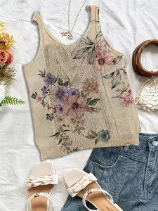 Women's Floral Printed Knit Tank Top, Fitted, Elegant, Chic, Soft and Skin-Friendly, Versatile Inner Layer, Perfect for Dating and Commuting, Young Style