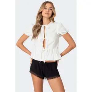 Puffed Sleeve Tie Front Top