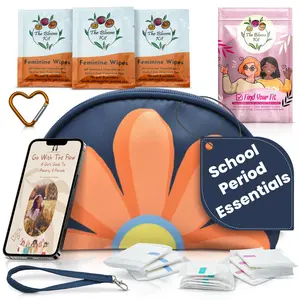 The Bloom First Period Kit for Girls 9–12 | Cute Sanitary Napkin Storage Bag Gifts, Tween Period Starter Kit, Portable Waterproof Emergency Sanitary Pad Pouch for Active Girls, Period Kit for Back to School – 16 PC (Blue)