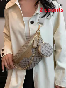 Women's Fashionable Geometric Pattern Bag Set, Chain Decor Chest Bag & Coin Purse, Trendy All-match Shoulder Crossbody Bag Set for Daily Use, Crossbody Shoulder Purses