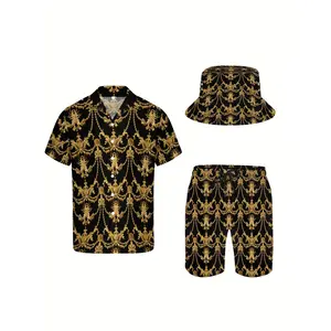 [Made in US] 3pcs Men'S Hawaiian Shirt And Short Set, Baroque Luxury Golden Chain Print Soft Fabric Breathable Shirt Button Short Sleeve Casual Beach Shirts Outfits With Bucket Hats Clothes Floral Elastic Sunny