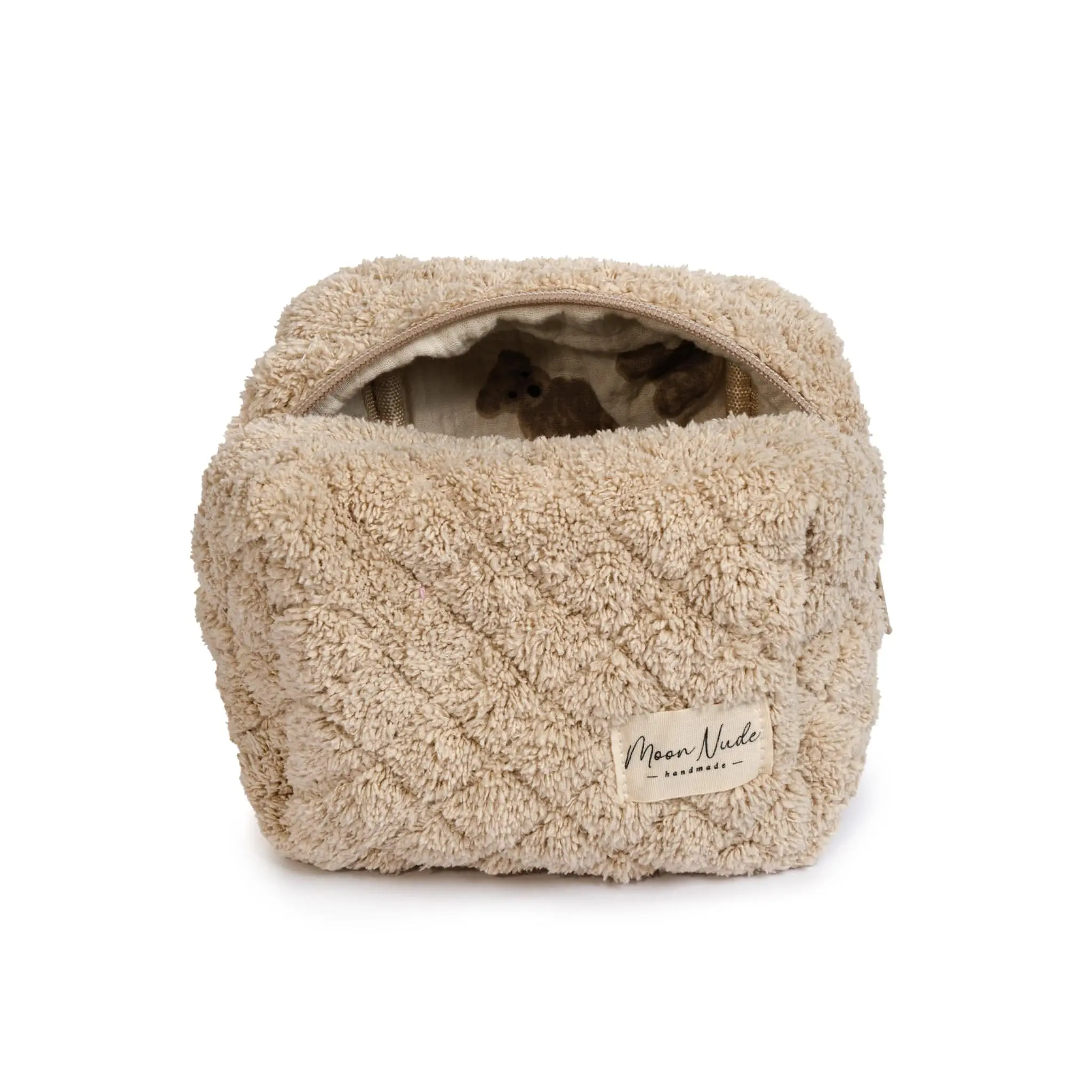 Moon Nude Mini Makeup Bag - Multiple Design Collection | Quilted Light Brown Towel Exterior with Bear-Themed Pattern - Compact Travel Organizer