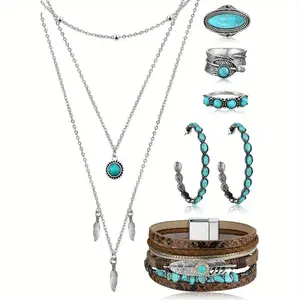 6-pcs Set Bohemian Turquoise Women's Jewelry Set - Including Pendant Necklace, Layered Bracelet, Ring, and Earrings - Perfect for Party Events