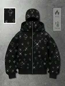 Cross, Geometric Sparkling Diamond Hoodie for Men, American Retro Streetwear Street Feng Shui Diamond Hoodie, Menswear Zipper Jacket, Simple Pocket Design, Autumn/Winter Loose Sports Wear, Plush Y2K Style Hoodie, Father's Day Gift for Dad
