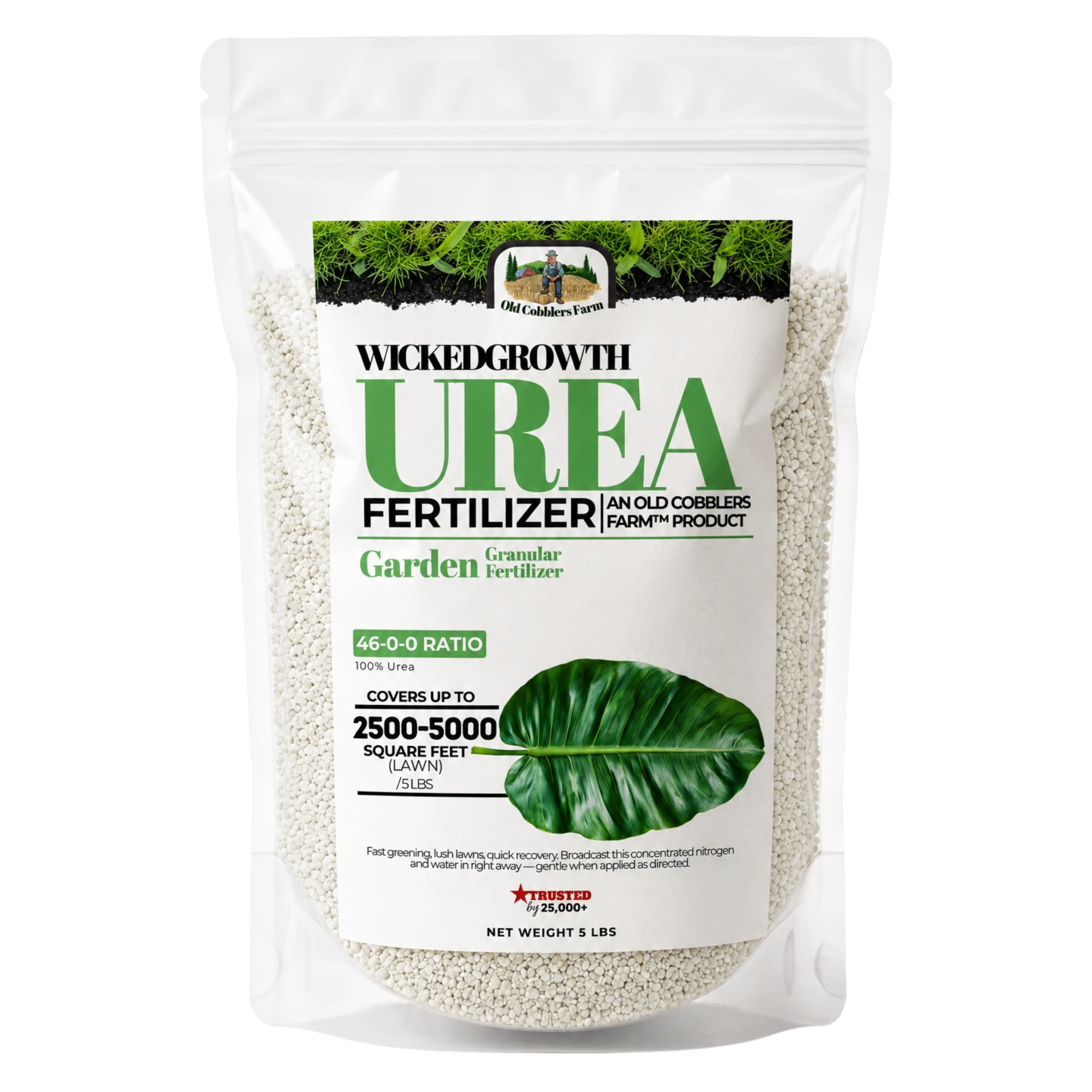 Old Cobblers Farm Wicked Growth Urea Fertilizer, 46 Percent Pure Nitrogen Granular Plant Food for Lawn Green Up, Turf, Leafy Greens and Crops, Phosphorus Free High Nitrogen Feed for Spreader or Foliar Use