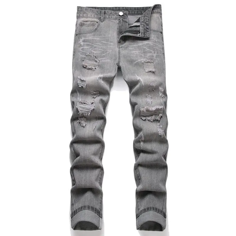 Men's Ripped Destroyed Slim Fit Straight Leg Denim Jeans，Menswear Classic Street Style，High Street Pants Personality Cool Street Pants，Men's Distressed Destroyed Slim Jeans Denim Pants，Vintage  Jeans Casual Denim Pants with Pockets Streetwear Fitted